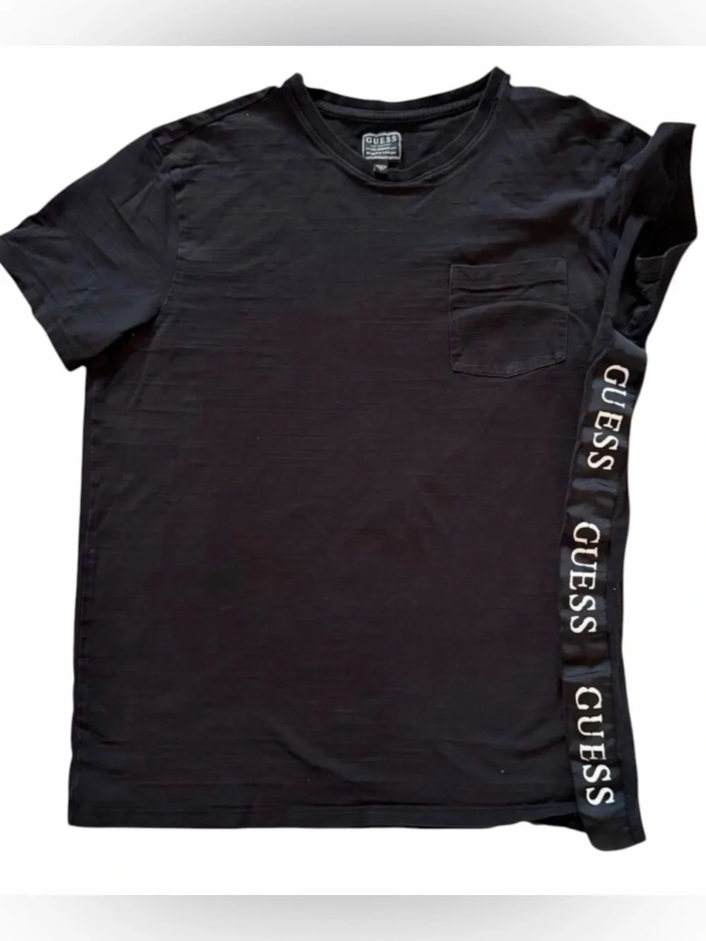 GUESS Black Pocket T Shirt Mens L Logo Side Tape Streetwear Short Sleeve Tee - Picture 1 of 7